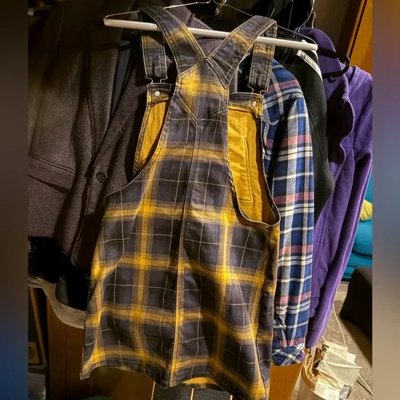 Dickies plaid overall dress mustard yellow and navy size small NWOT - Picture 4 of 10
